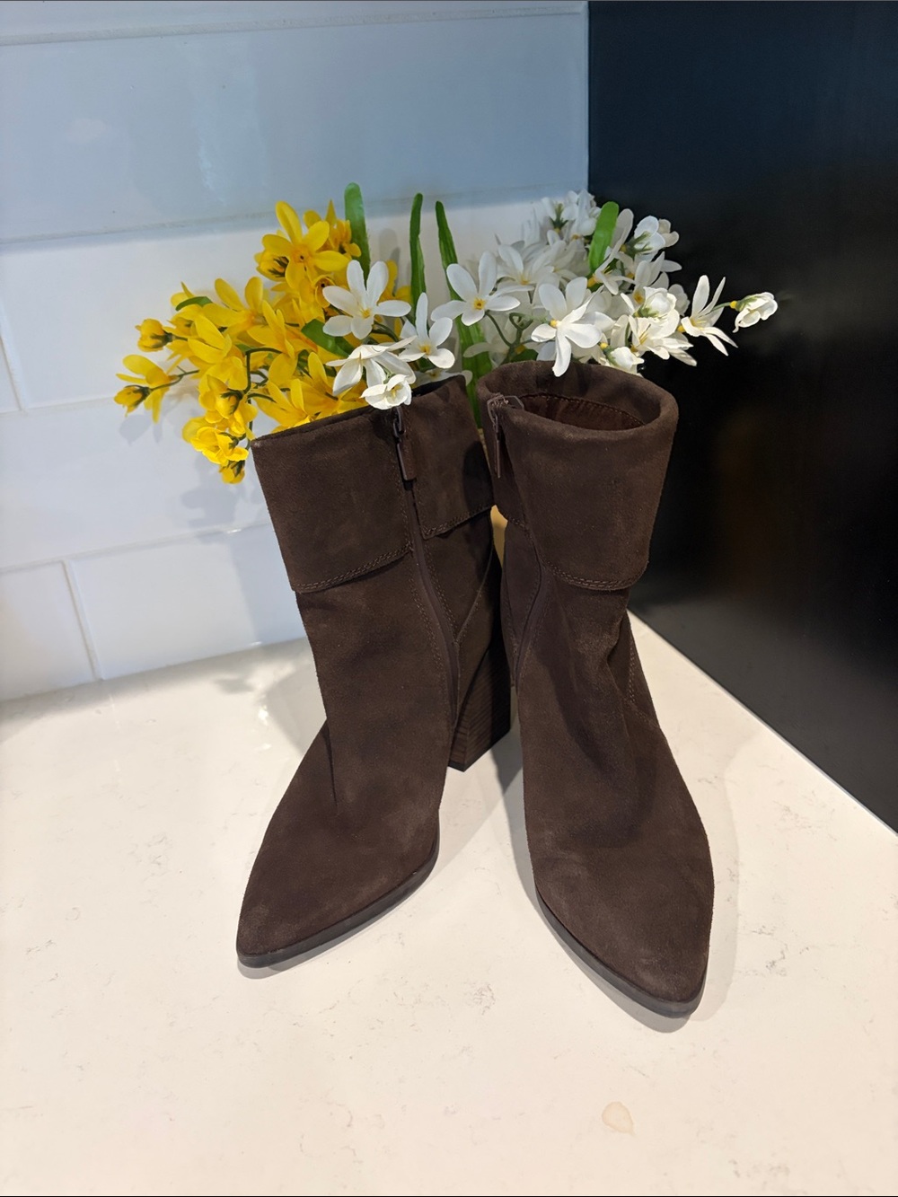 Blondo Brown Suede Heeled Boots | Size 7.5 | Mid-Calf | Fold-Over Detail